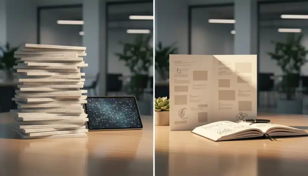 A desk with generic AI-generated copy on one side and strategic campaign brief on the other.