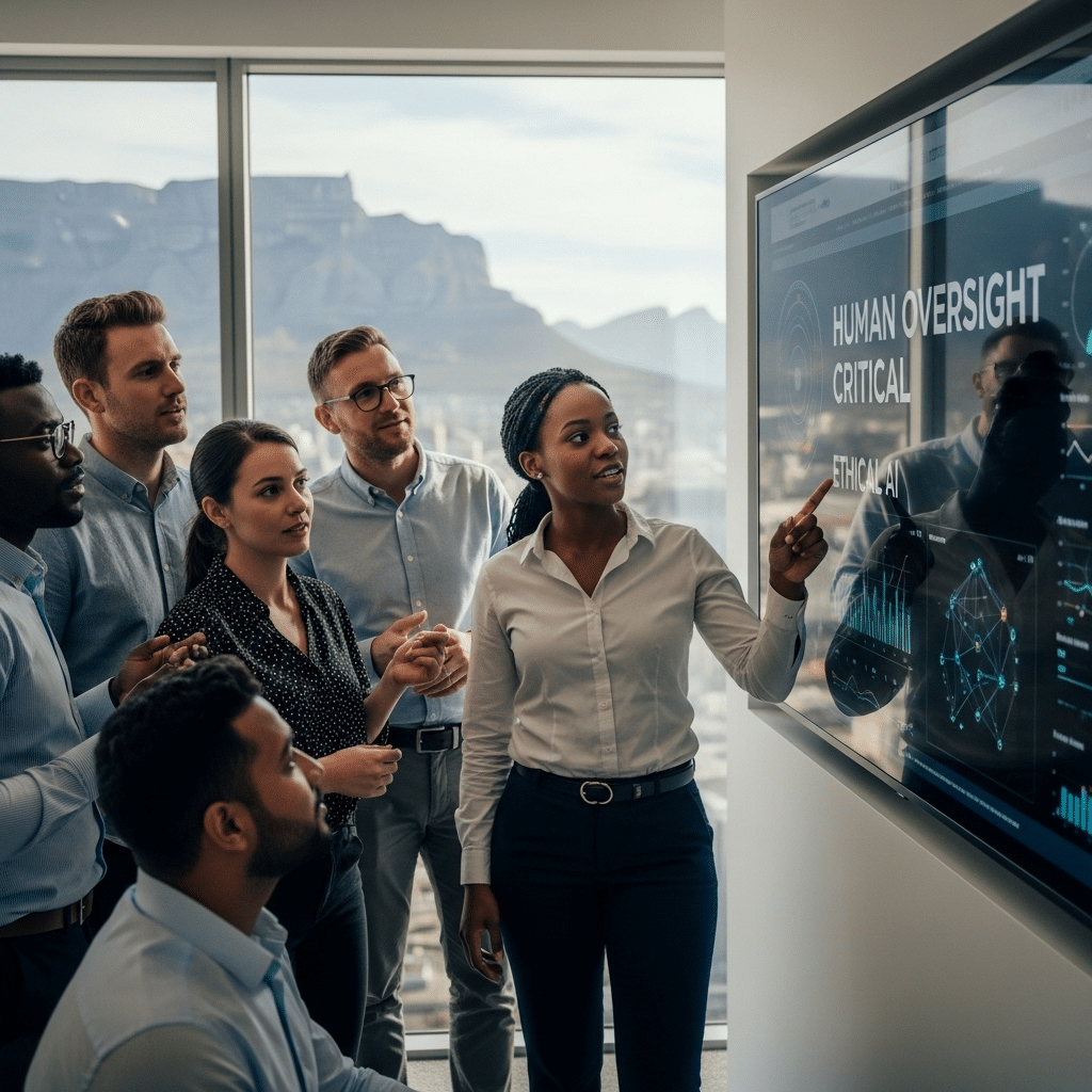 A diverse team of South African professionals in a modern Cape Town office, collaborating around a screen showing AI-driven analytics, highlighting human oversight in technology.
