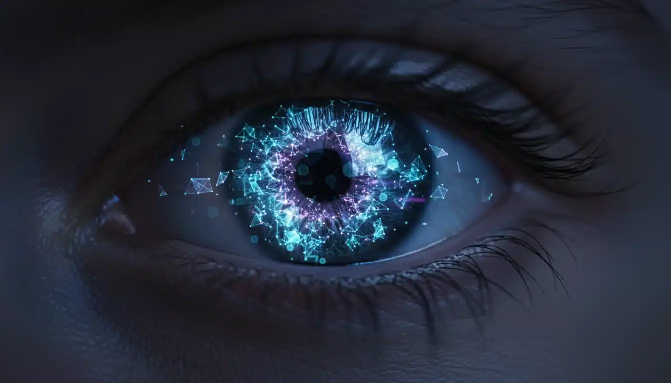 A human eye reflecting a glowing network of abstract data and AI-generated answer snippets.