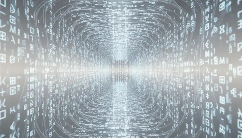 A close-up of a digital portal made of flowing, consistent lines of text and symbols.