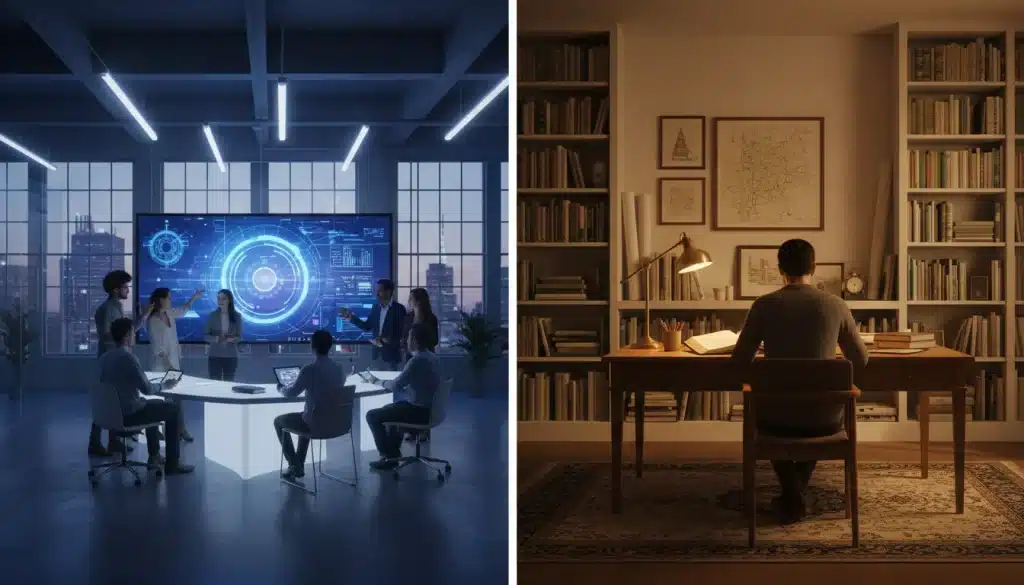 Split image showing a collaborative agency office and a focused individual in an in-house setting.