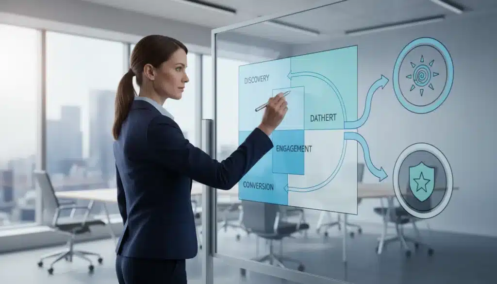 Digital strategist sketches content structure for Google and AI search optimisation on a whiteboard.