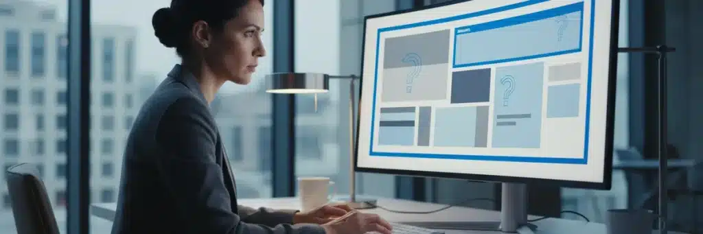 A content strategist structuring a document on a monitor with question-phrased headers and highlighted answers.
