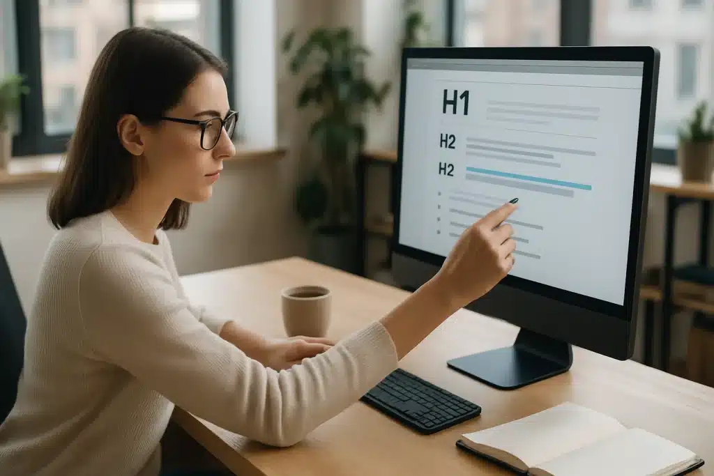 Content editor highlighting structured text on a computer screen in an office.