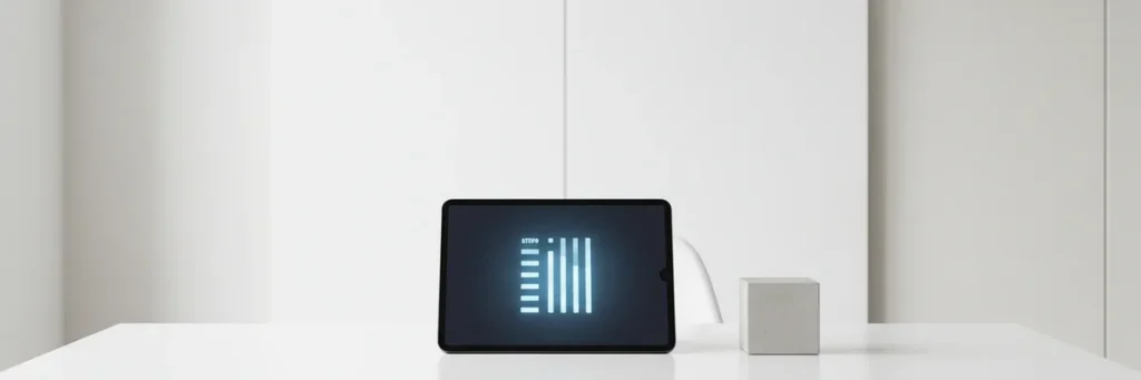 A tablet on a desk showing a numbered list and a labeled geometric block, glowing blue.
