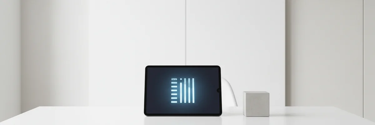 A tablet on a desk showing a numbered list and a labeled geometric block, glowing blue.