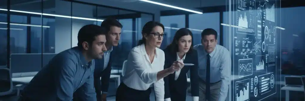 Five professionals are scrutinizing digital reports on a large interactive screen in a modern office.