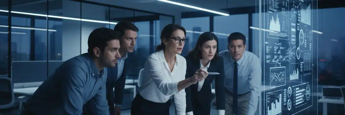 Five professionals are scrutinizing digital reports on a large interactive screen in a modern office.