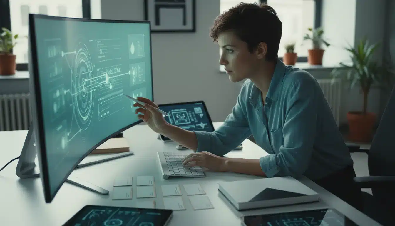A female copywriter directing AI content generation on a desktop monitor in a modern office.