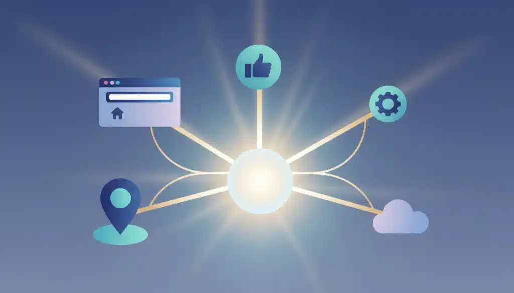 Abstract illustration of multiple digital platforms consistently pointing to one central brand entity.