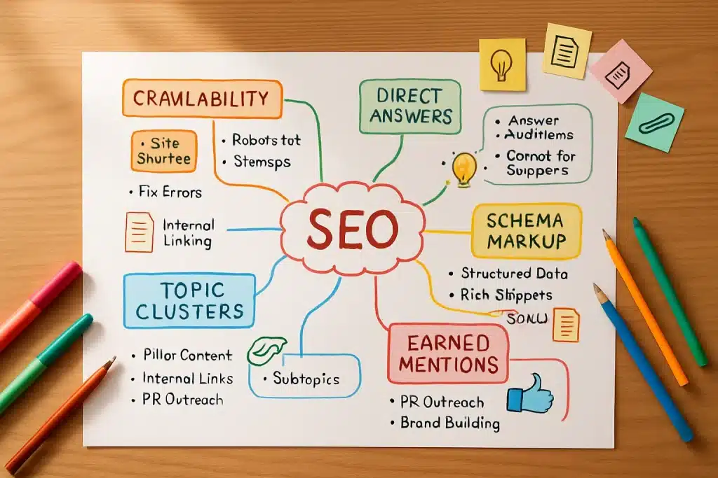 Detailed physical mind map on a wooden desk showing content strategy for AI citation.