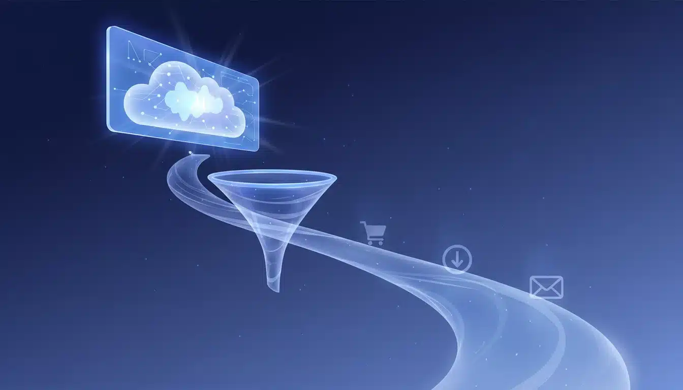 Conceptual illustration of a conversion funnel, with a prominent AI Overview panel at the top and faint conversion icons at the bottom.