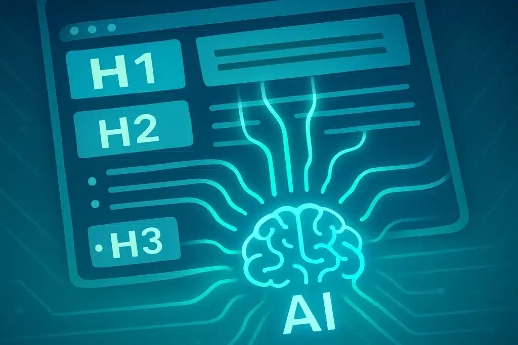 Illustration of an AI icon extracting data from a web page with clear headings and bullet points.