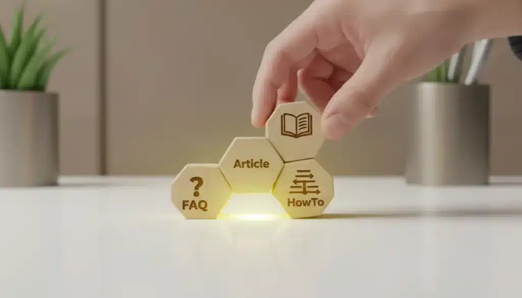 Hand arranging interlocking blocks labeled with schema types like FAQ, Article, HowTo on a white surface.