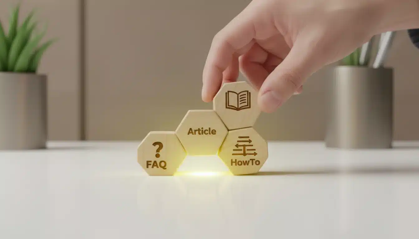 Hand arranging interlocking blocks labeled with schema types like FAQ, Article, HowTo on a white surface.