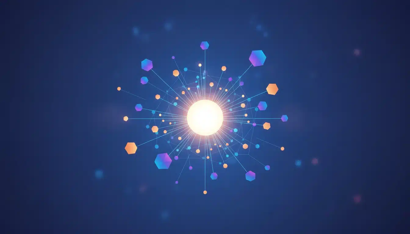 Illustration of interconnected content clusters linking to a central AI search engine.