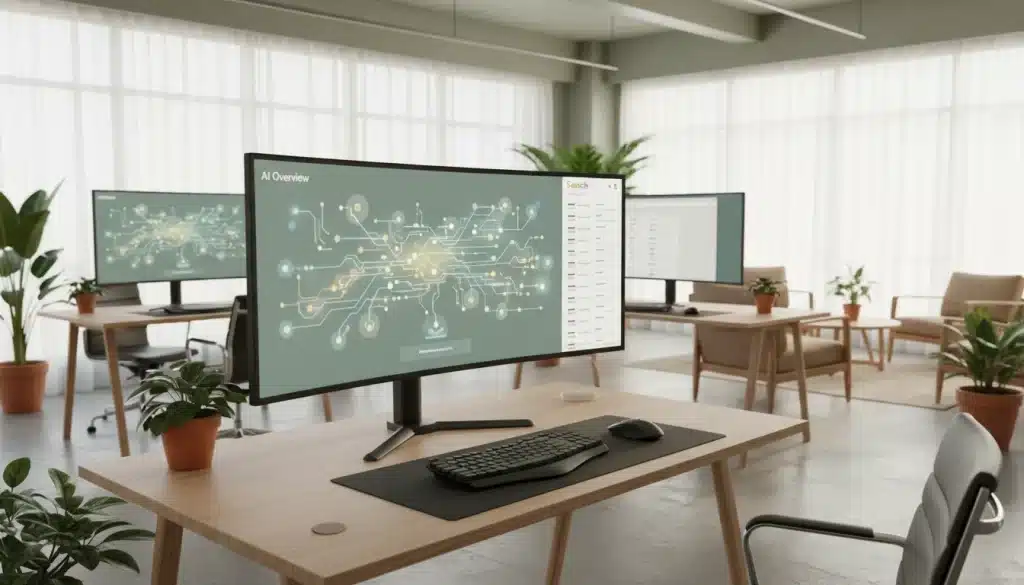 Modern workspace showing distinct AI overview content and traditional search results.