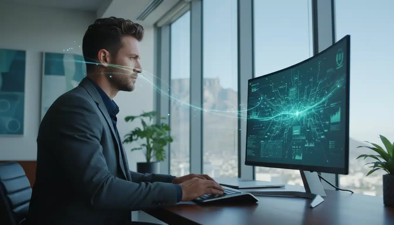 A business owner in Cape Town optimizes a digital interface on a large monitor in a modern office with Table Mountain in the background.