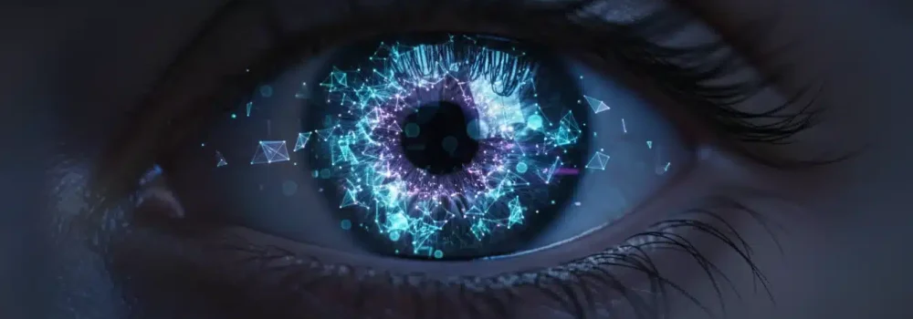 A human eye reflecting a glowing network of abstract data and AI-generated answer snippets.