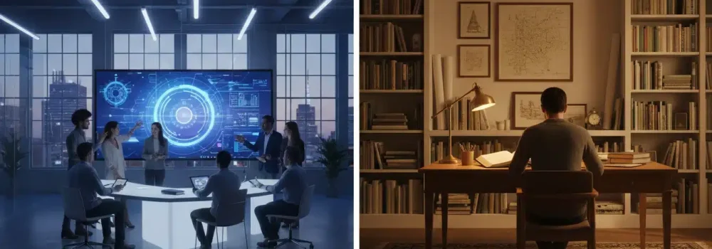 Split image showing a collaborative agency office and a focused individual in an in-house setting.