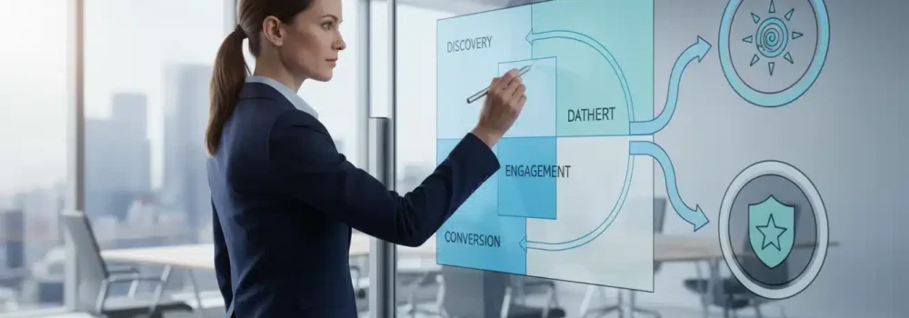 Digital strategist sketches content structure for Google and AI search optimisation on a whiteboard.