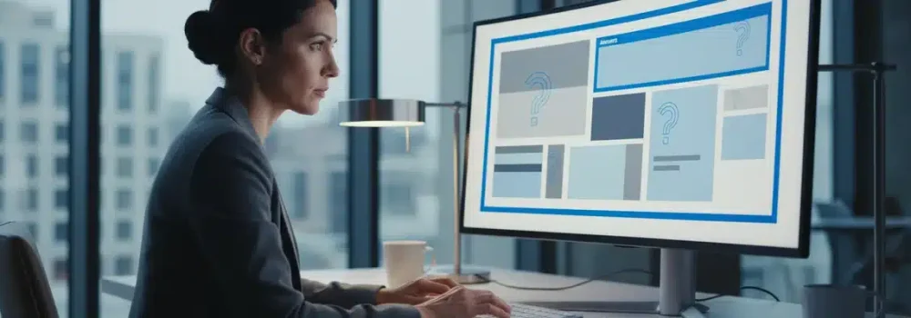 A content strategist structuring a document on a monitor with question-phrased headers and highlighted answers.