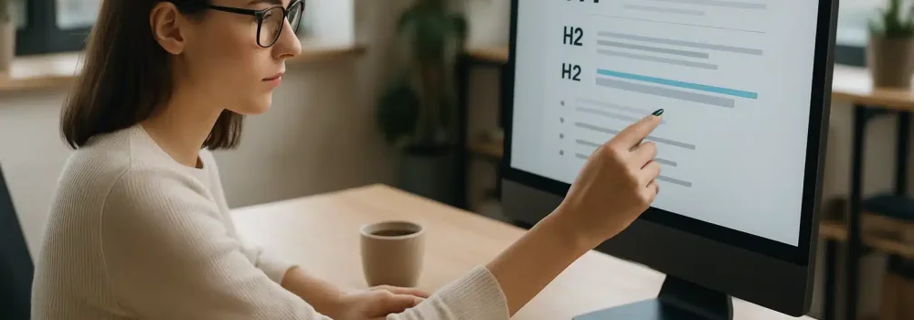 Content editor highlighting structured text on a computer screen in an office.