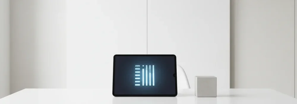 A tablet on a desk showing a numbered list and a labeled geometric block, glowing blue.