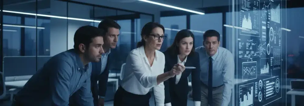 Five professionals are scrutinizing digital reports on a large interactive screen in a modern office.