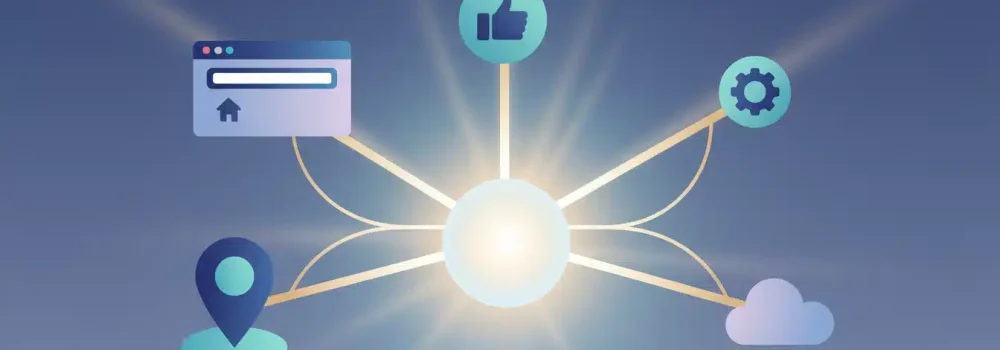 Abstract illustration of multiple digital platforms consistently pointing to one central brand entity.