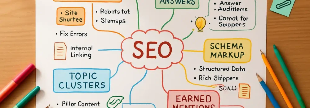 Detailed physical mind map on a wooden desk showing content strategy for AI citation.
