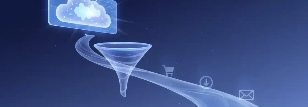 Conceptual illustration of a conversion funnel, with a prominent AI Overview panel at the top and faint conversion icons at the bottom.