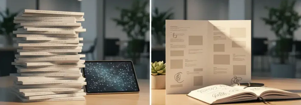 A desk with generic AI-generated copy on one side and strategic campaign brief on the other.
