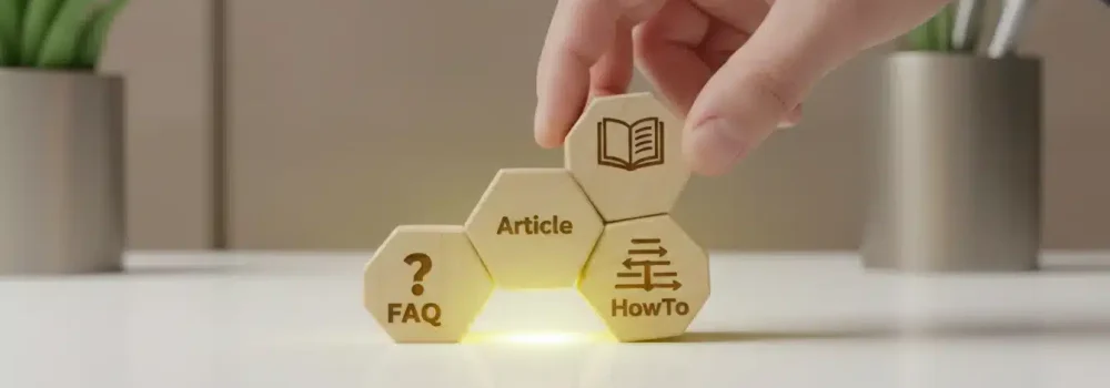 Hand arranging interlocking blocks labeled with schema types like FAQ, Article, HowTo on a white surface.