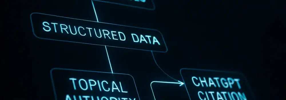 Digital display showing a data pipeline with steps like 'Crawlable Pages' and 'Structured Data' leading to 'ChatGPT Citation'.