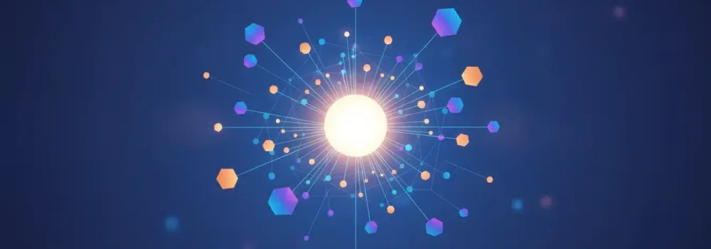 Illustration of interconnected content clusters linking to a central AI search engine.