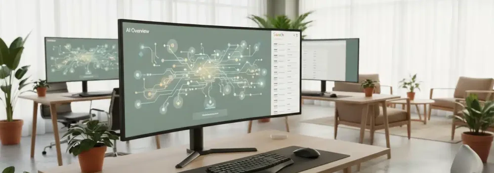 Modern workspace showing distinct AI overview content and traditional search results.