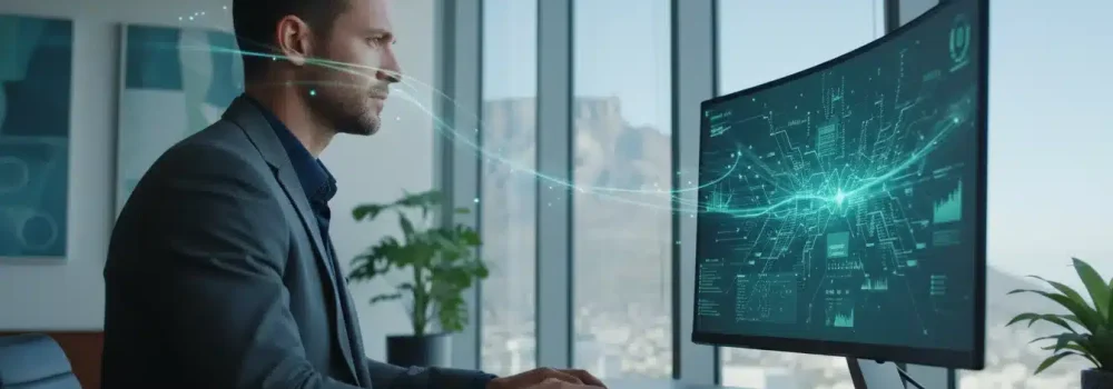 A business owner in Cape Town optimizes a digital interface on a large monitor in a modern office with Table Mountain in the background.