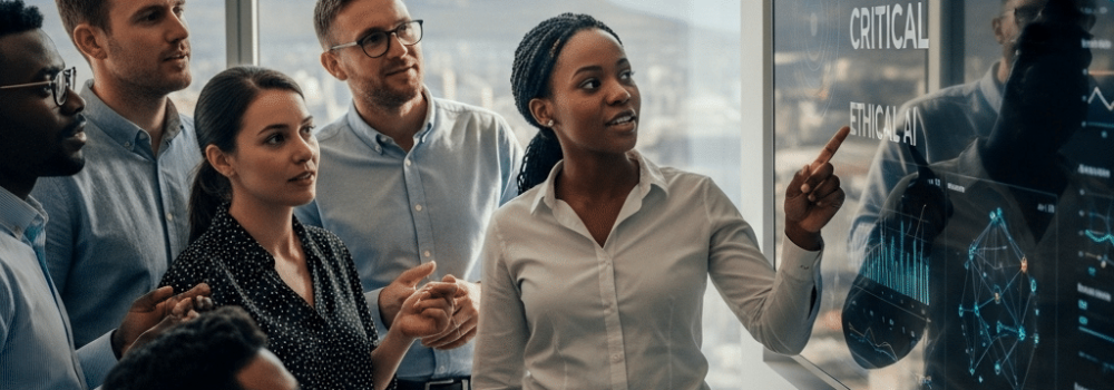 A diverse team of South African professionals in a modern Cape Town office, collaborating around a screen showing AI-driven analytics, highlighting human oversight in technology.